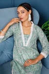 Shop_Pheeta_Green Cotton Hand Printed And Embellished Floret Kurta & Pant Set _Online_at_Aza_Fashions