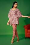 Pheeta_Brown Cotton Hand Printed Ogee And Floral Kaftan & Pant Nightwear Set _Online_at_Aza_Fashions