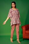 Buy_Pheeta_Brown Cotton Hand Printed Ogee And Floral Kaftan & Pant Nightwear Set _Online_at_Aza_Fashions
