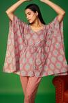 Pheeta_Brown Cotton Hand Printed Ogee And Floral Kaftan & Pant Nightwear Set _at_Aza_Fashions