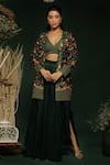 Buy_Label Ne'chi_Green Silk Floral V-neck Pattern Blazer With Box Pleated Pant Set  _at_Aza_Fashions