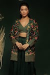 Shop_Label Ne'chi_Green Silk Floral V-neck Pattern Blazer With Box Pleated Pant Set  _at_Aza_Fashions