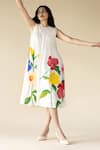 Shop_Purvi Doshi_Off White Muslin Hand Painted Floral Round Sleeveless Dress  _Online_at_Aza_Fashions