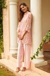 Buy_Tasuvure_Pink Satin, Silk, Net Embroidery Mandarin Thread Scalloped Tunic With Pant_at_Aza_Fashions