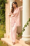 Tasuvure_Pink Satin, Silk, Net Embroidery Mandarin Thread Scalloped Tunic With Pant_at_Aza_Fashions