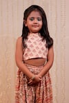 Tiny Colour Clothing_Peach Chinon Crepe Hand Block Printed Floral Crop Top And Sharara Set _Online_at_Aza_Fashions