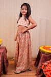 TINY COLOUR_Peach Chinon Crepe Hand Block Printed Floral Crop Top And Sharara Set _at_Aza_Fashions