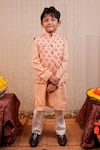 Buy_TINY COLOUR_Peach Glazed Cotton Hand Block Printed Garden Bundi And Kurta Set _at_Aza_Fashions