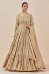 Buy_Ikshita Choudhary_Beige Chanderi Silk Embroidery, Zari Round Neck Anarkali With Dupatta _at_Aza_Fashions