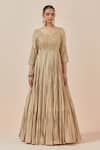 Ikshita Choudhary_Beige Chanderi Silk Embroidery, Zari Round Neck Anarkali With Dupatta _Online_at_Aza_Fashions
