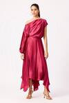 Buy_Scarlet Sage_Wine Asymmetric Solid Handkerchief Dress_at_Aza_Fashions