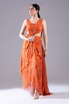 Krisha sunny Ramani_Orange Georgette Printed And Hand Embroidered Draped Skirt Blouse Set _Online_at_Aza_Fashions