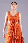Buy_Krisha sunny Ramani_Orange Georgette Printed And Hand Embroidered Draped Skirt Blouse Set _Online_at_Aza_Fashions