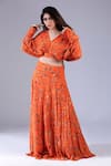 Buy_Krisha sunny Ramani_Orange Georgette Printed And Embroidered Floral V Neck Lehenga & Blouse Set _Online_at_Aza_Fashions