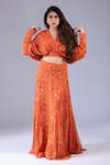 Buy_Krisha sunny Ramani_Orange Georgette Printed And Embroidered Floral V Neck Lehenga & Blouse Set _at_Aza_Fashions