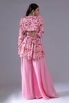 Shop_Krisha Sunny Ramani_Pink Georgette, Net Beads, Sequins Floral Print Peplum Kurta And Sharara Set _at_Aza_Fashions