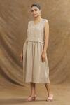 Shop_Linen Bloom_Beige 100% Linen Hand Embroidered Floral Leaf Dress _Online_at_Aza_Fashions