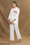 Shop_Linen Bloom_White 100% Linen Embroidery Flamingo Spread Collar Placement Shirt _at_Aza_Fashions