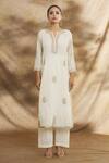 Buy_Peenacolada_Off White Cotton Embroidery Split V-neck Aari Work Kurta Pant Set _Online_at_Aza_Fashions