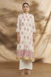 Buy_Peenacolada_Cream Mulmul Printed Floral Band Collar Straight Kurta Set _Online_at_Aza_Fashions