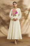 Buy_Peenacolada_Cream Cotton, Muslin Embroidery, Cut Work V-neck Floral Flared Anarkali _at_Aza_Fashions
