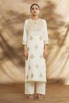 Shop_Peenacolada_Off White Cotton Embroidery Round Neck Blossom Aari Kurta Pant Set _Online_at_Aza_Fashions
