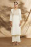 Shop_Peenacolada_Off White Cotton Embroidery Split V-neck Aari Bodice Kurta Pant Set _Online_at_Aza_Fashions