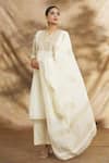 Peenacolada_Off White Cotton Embroidery Split V-neck Aari Bodice Kurta Pant Set _at_Aza_Fashions