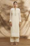 Buy_Peenacolada_Beige Chanderi Embroidered Floral Mandarin Collar Kurta Pant Set _Online_at_Aza_Fashions