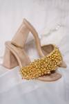 Buy_Foot Fuel_Gold Crystals, Pearls Dilbar Embellished Block Heels _at_Aza_Fashions