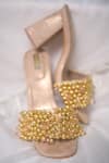 Shop_Foot Fuel_Gold Crystals, Pearls Dilbar Embellished Block Heels _at_Aza_Fashions