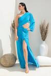 Buy_Intrinsic India_Blue Pure Georgette Plain One Shoulder Ivana High Slit Pleated Gown _at_Aza_Fashions