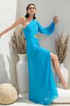 Intrinsic India_Blue Pure Georgette Plain One Shoulder Ivana High Slit Pleated Gown _Online_at_Aza_Fashions