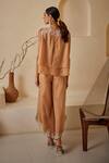 Shop_Twenty Nine_Beige Organza Embroidery Round Neck Floral Parsi Layered Top _at_Aza_Fashions