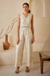 Buy_Twenty Nine_White Georgette Embroidery Chikankari V Neck Jumpsuit With Belt _at_Aza_Fashions