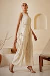 Twenty Nine_White Georgette Embroidery Chikankari V Neck Jumpsuit With Belt _at_Aza_Fashions