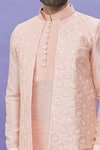 Shop_Aryavir Malhotra_Peach Art Banarasi Silk Printed Geometric Bundi Kurta Set _Online_at_Aza_Fashions