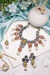 Shop Ishhaara Multi Color Stones Contrast Kundan Embellished Necklace Set With Maangtikka at Aza Fashions Shop_Ishhaara_Multi Color Stones Contrast Kundan Embellished Necklace Set With Maangtikka _at_Aza_Fashions