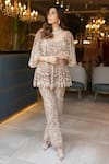 Buy_Ridhima Bhasin_Beige Net Hand Embroidery Sequin Scoop Zibah Paisley Cape Pant Set  _at_Aza_Fashions