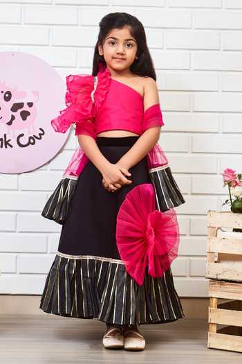 Buy_Pinkcow designs pvt ltd_Pink Organza, Silk, Tulle Applique Flower Embellished Lehenga Blouse Set _at_Aza_Fashions