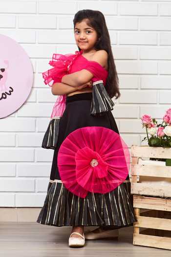 Shop_Pinkcow designs pvt ltd_Pink Organza, Silk, Tulle Applique Flower Embellished Lehenga Blouse Set _Online_at_Aza_Fashions