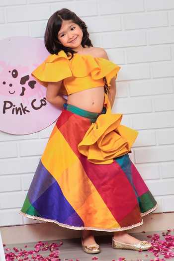 Buy_Pinkcow designs pvt ltd_Yellow Taffeta, Cotton Lace Checkered Lehenga And Ruffled Blouse Set _at_Aza_Fashions