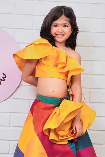 Pinkcow designs pvt ltd_Yellow Taffeta, Cotton Lace Checkered Lehenga And Ruffled Blouse Set _at_Aza_Fashions