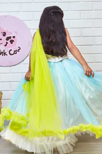 Shop_Pinkcow designs pvt ltd_Blue Net, Taffeta, Cotton Fabric Flowers, Sequins, 3d Bloom Lehenga With Blouse _at_Aza_Fashions