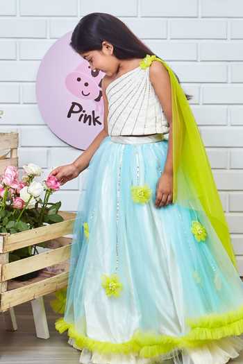Pinkcow designs pvt ltd_Blue Net, Taffeta, Cotton Fabric Flowers, Sequins, 3d Bloom Lehenga With Blouse _Online_at_Aza_Fashions