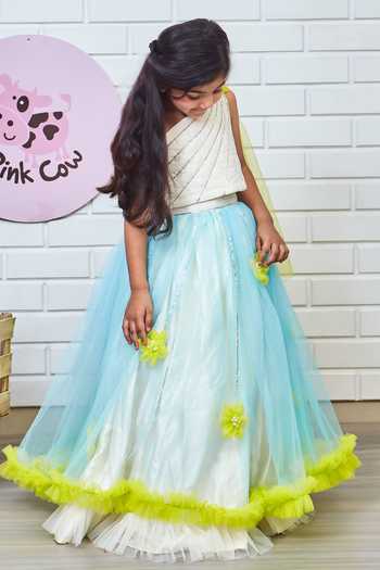 Buy_Pinkcow designs pvt ltd_Blue Net, Taffeta, Cotton Fabric Flowers, Sequins, 3d Bloom Lehenga With Blouse _Online_at_Aza_Fashions