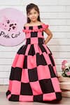 Buy_Pinkcow designs pvt ltd_Pink Crepe, Neoprene Fabric Flowers Cinderella Checkered Poofy Gown _at_Aza_Fashions