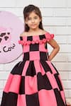 Pinkcow designs pvt ltd_Pink Crepe, Neoprene Fabric Flowers Cinderella Checkered Poofy Gown _Online_at_Aza_Fashions