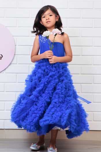Shop_Pinkcow designs pvt ltd_Blue Tulle, Crepe, Linen Draped One Shoulder Ruffled Gown _at_Aza_Fashions