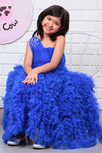Pinkcow designs pvt ltd_Blue Tulle, Crepe, Linen Draped One Shoulder Ruffled Gown _Online_at_Aza_Fashions